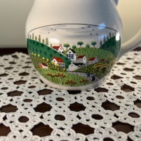 Newcor Stoneware Pitcher Country Village 6" Tall 64 oz Village Farm Scene New - Picture 7 of 11